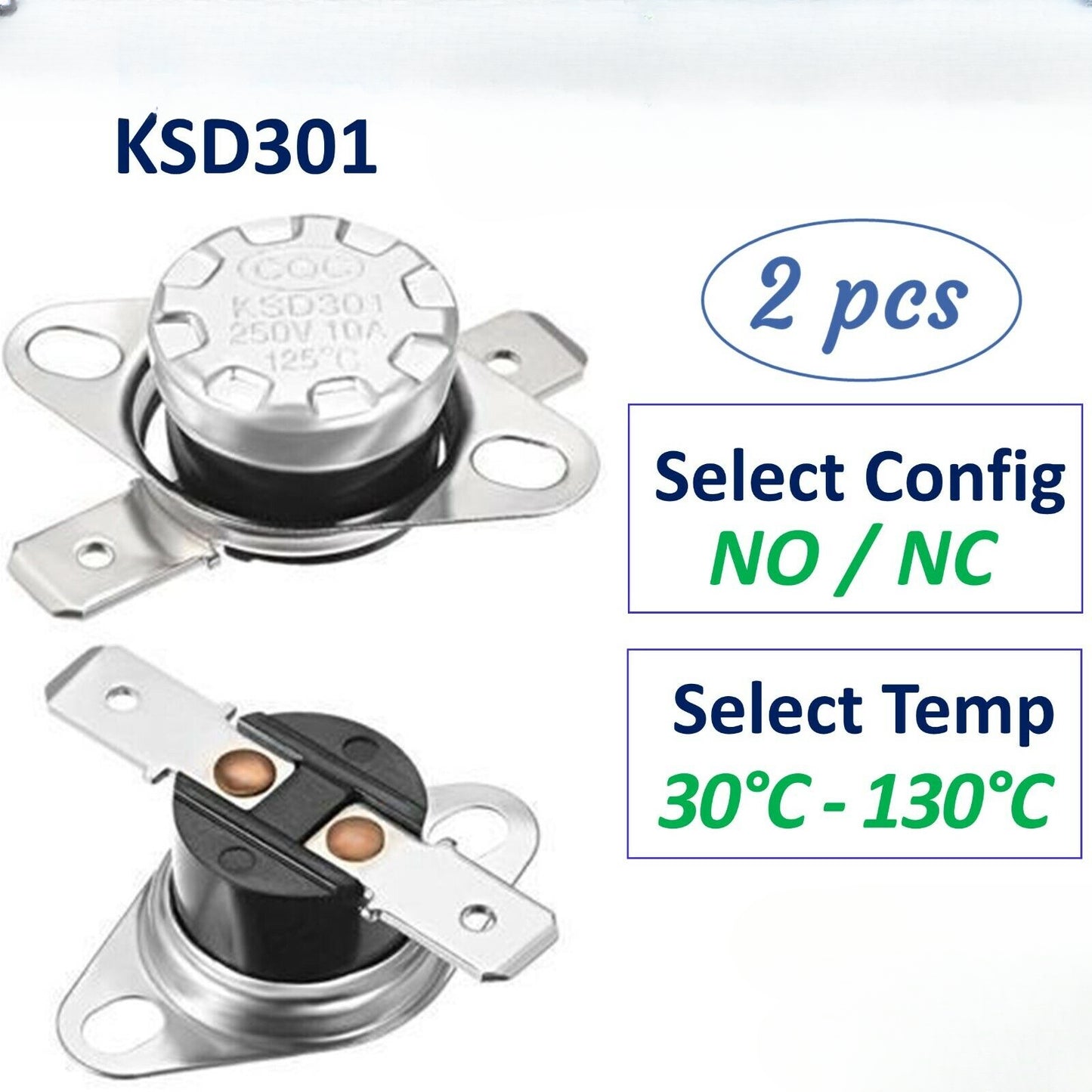 2x KSD301 Temperature Thermostat Thermal Switch - 250V 10A NO / NC Thermo Switch