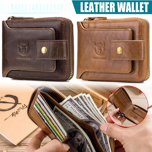 Genuine Leather Mens Wallet RFID Blocking ID Window Bifold Vintage 13 Card Case