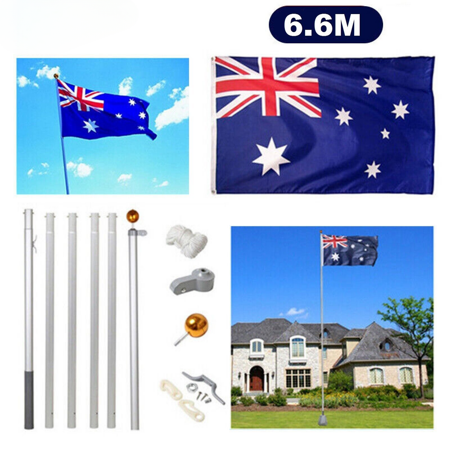 6.6M Aluminum Flag Pole Flagpole Ball Top Kit Full Set