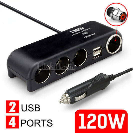 4 Way 12V 24V Multi Socket Car Cigarette Lighter Splitter USB Charger Adapter