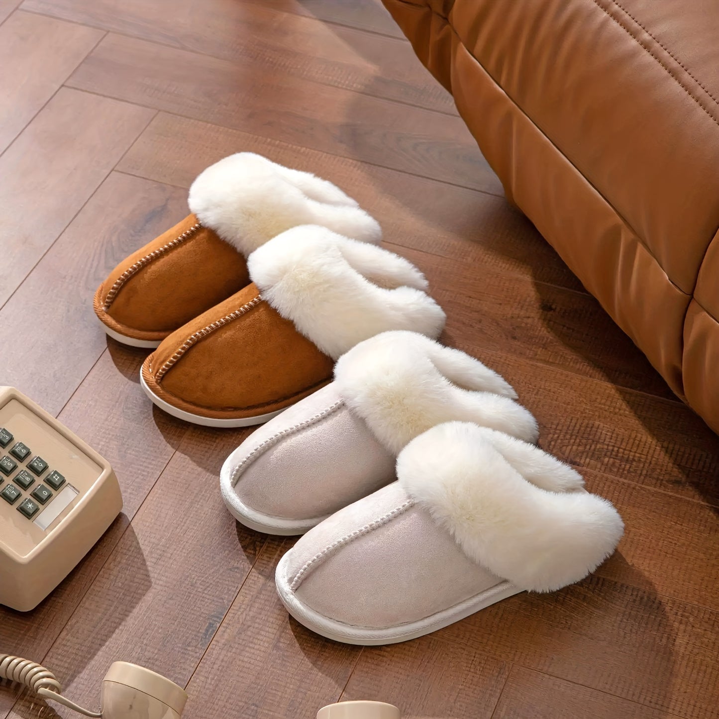 Solid Indoor Warm Plush Anti-skid Home Slippers For Household, Autumn And Winter