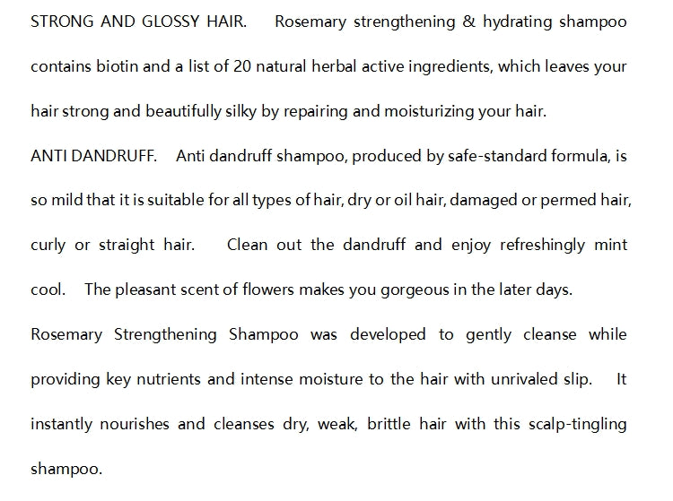 Rosemary Hair Growth Shampoo Thick Anti Loss Damage Scalp Natural Moisturizing