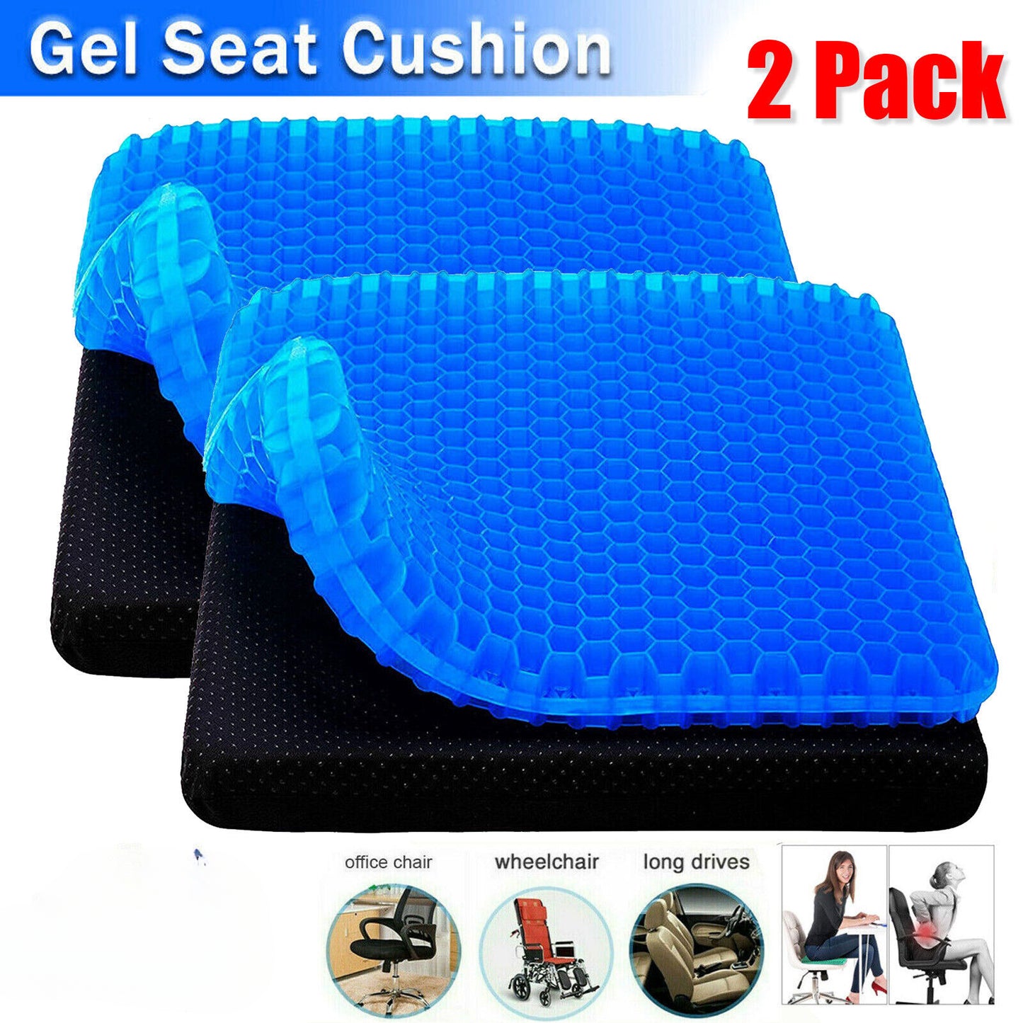 2x Gel Seat Cushion Cooling Seat Cushion Breathable Honeycomb Office Car Seat Mat