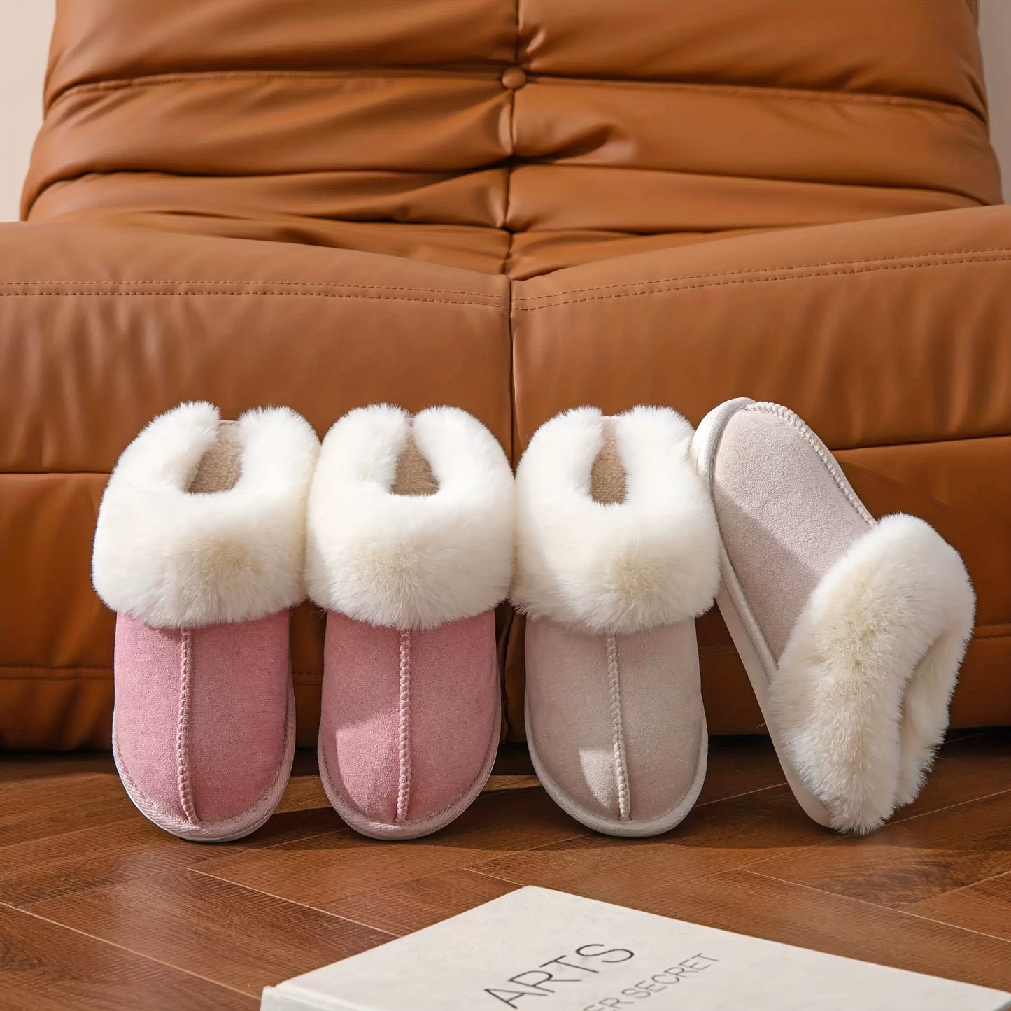 Solid Indoor Warm Plush Anti-skid Home Slippers For Household, Autumn And Winter