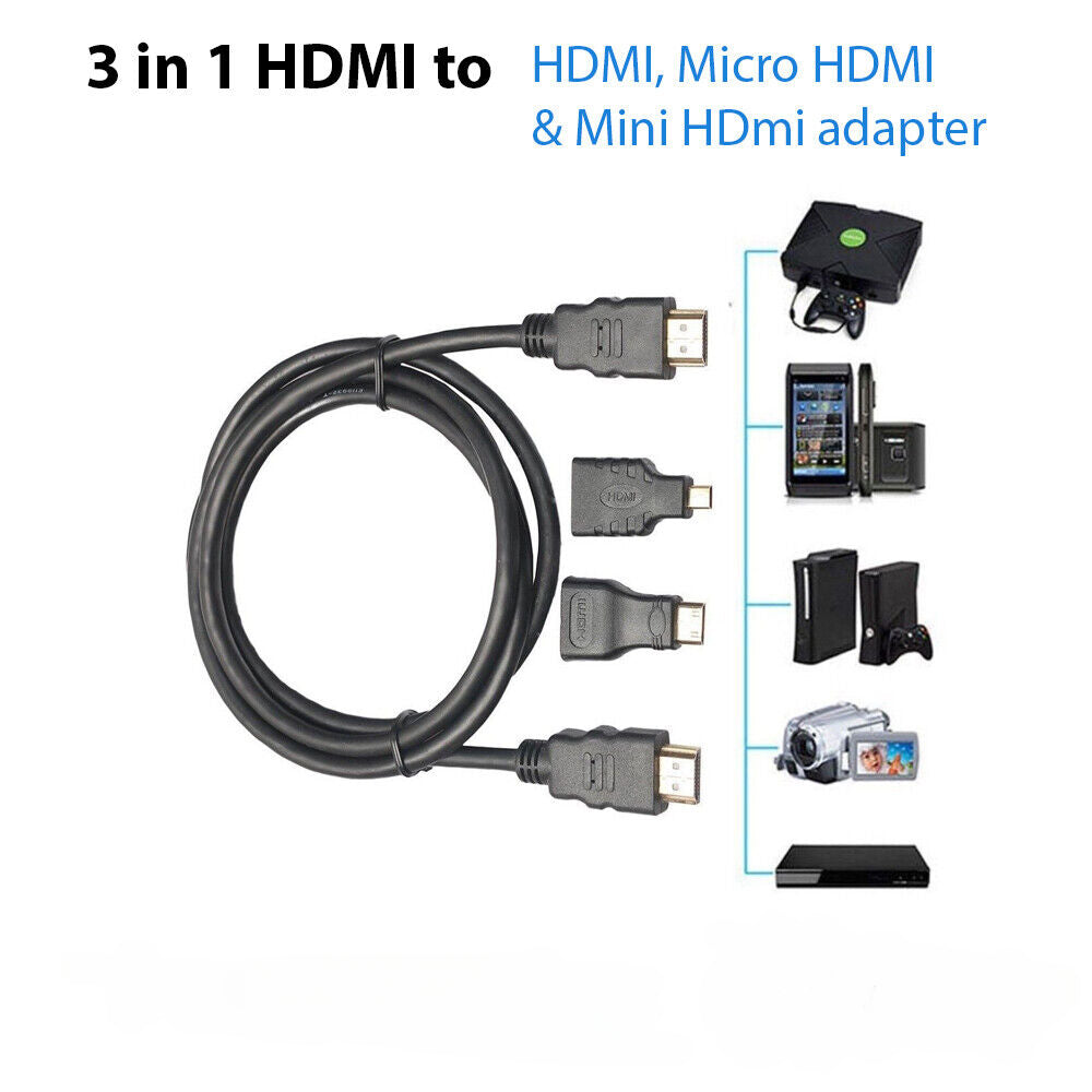 3 in 1 HD 1.5M HDMI to HDMI Cable + Micro HDMI Adaptor + Mini HDMI adapter