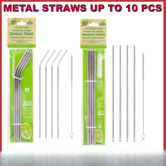 10pcs Metal Straws Stainless Steel Drinking Straw Straight Bent Brush Reusable