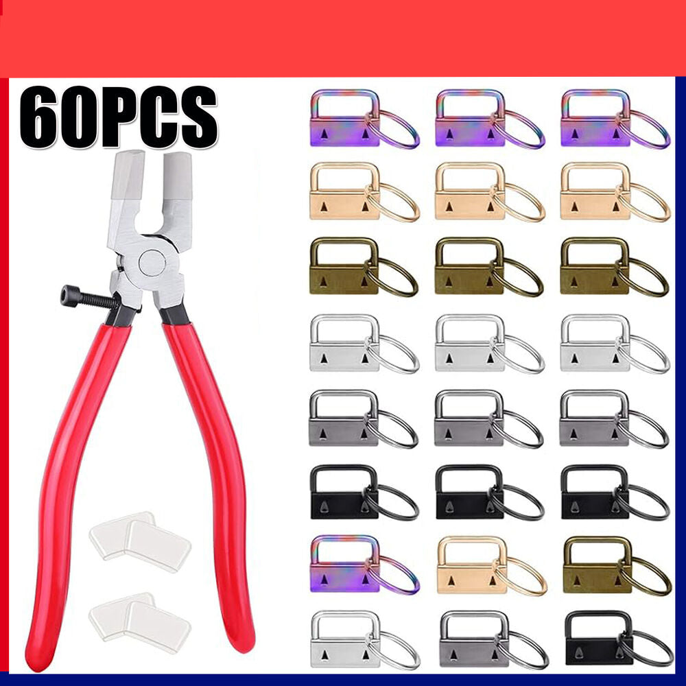 60Pcs DIY Craft Key Fob Keychain Hardware With Pliers Wristlets Tail Clip Gifts