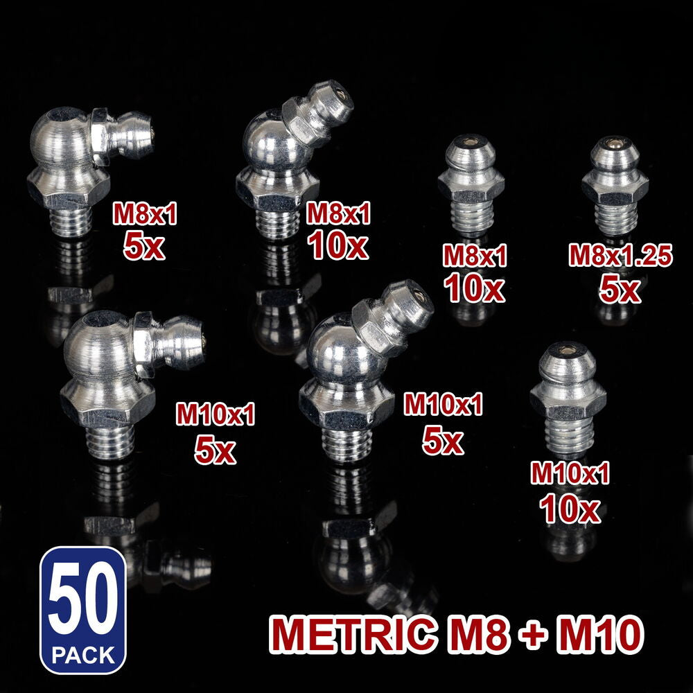 50X Hydraulic Grease Nipple Metric Assortment Mechanical Lubricant M8 M10 Kit