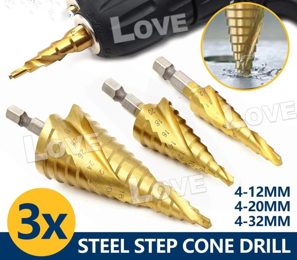 3PCS HSS Steel Step Cone Drill Titanium Metal Hole Cutter Bit Set 4-12/20/32mm3 件套高速钢阶梯锥钻钛金属孔刀钻头套装 4-12/20/32 毫米