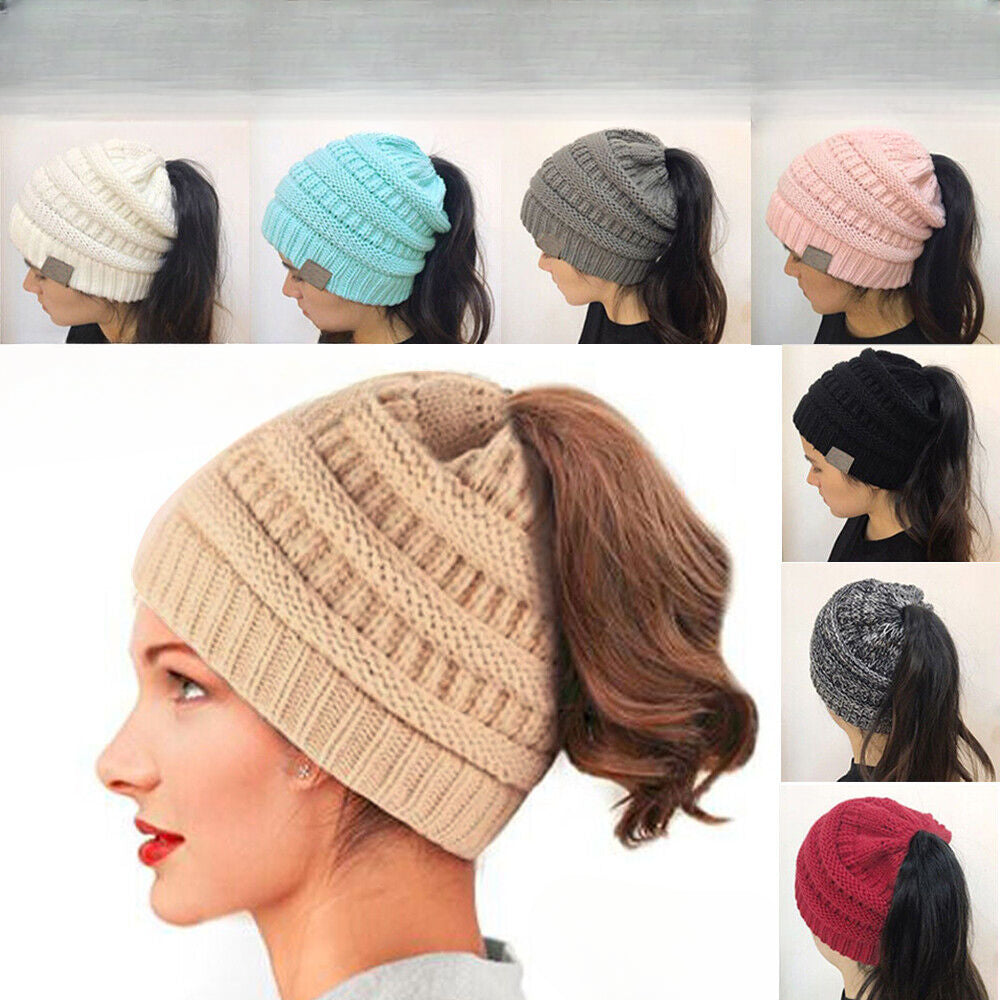 Women Girls Ponytail Beanie Winter Soft Stretch Cable Knit Crochet High Bun Hat