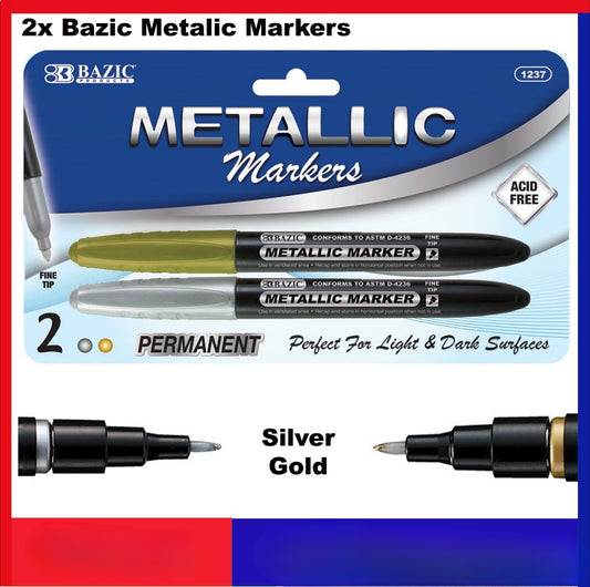 2x BAZIC GOLD & SILVER PERMANENT METALLIC MARKER INK BULLET POINT ACID Free