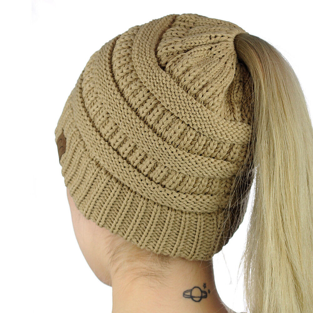 Women Girls Ponytail Beanie Winter Soft Stretch Cable Knit Crochet High Bun Hat