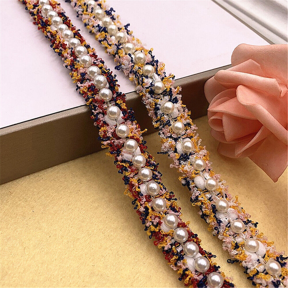 1 Yard Pearl Beaded Embroidered Lace Ribbon Trim DIY Handmade Dress Sewing Craft