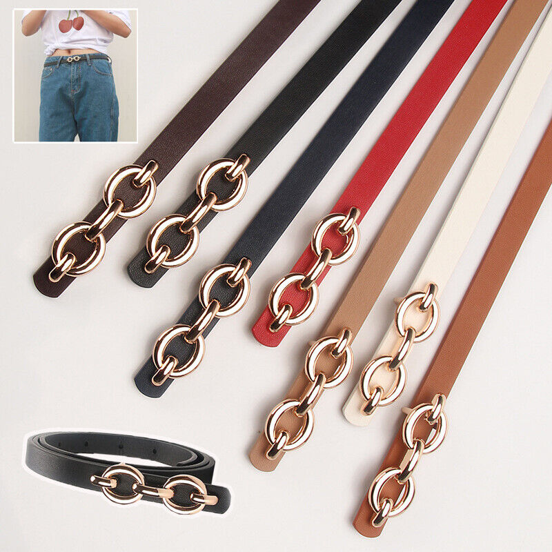 Leather Slim Jeans Belt Women Waist Belt Metal Buckle Skinny Narrow Waistband