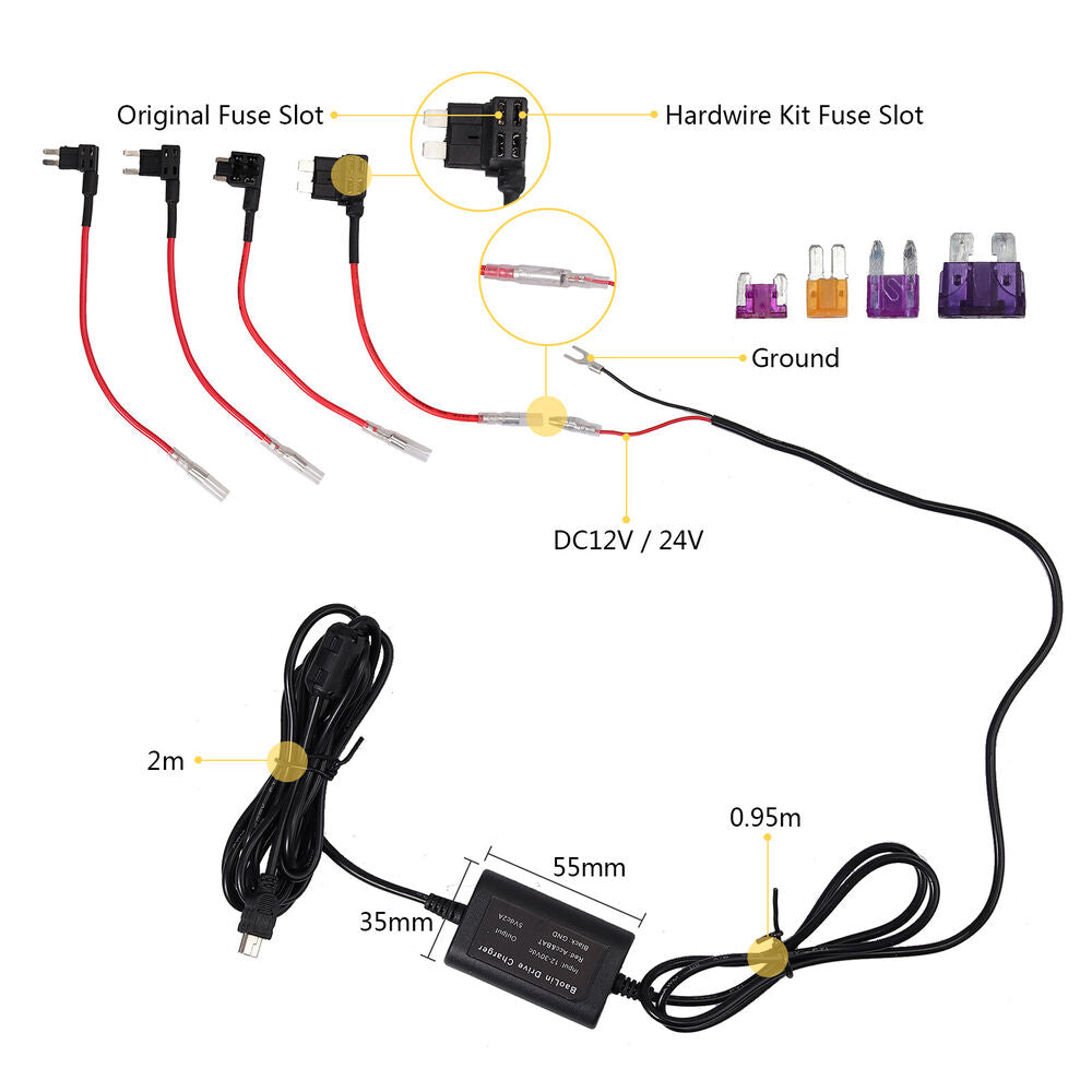 Universal Car Recorder Dash Cam Hard Wire Kit Hard Wire Fuse Box 12V-24V To 5V