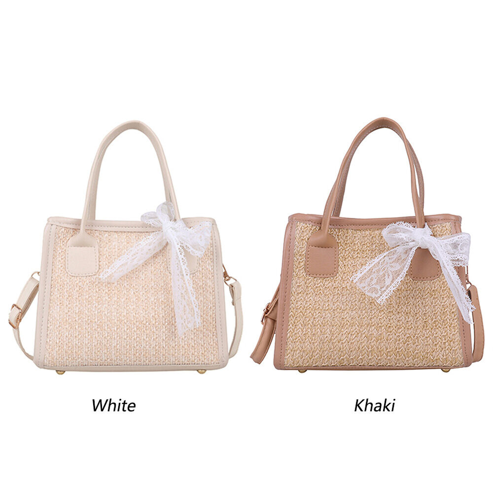 Beach Straw Shoulder Bag Summer Lace Splicing Hand-Woven Crossbody Tote Handbags