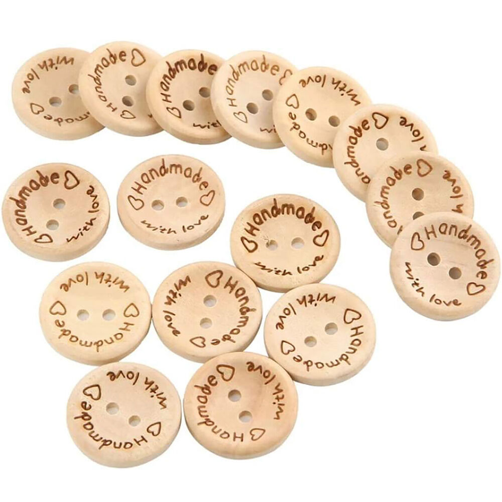 100pcs Natural Wooden Button Craft Sewing DIY Handmade With Love Wooden Buttons