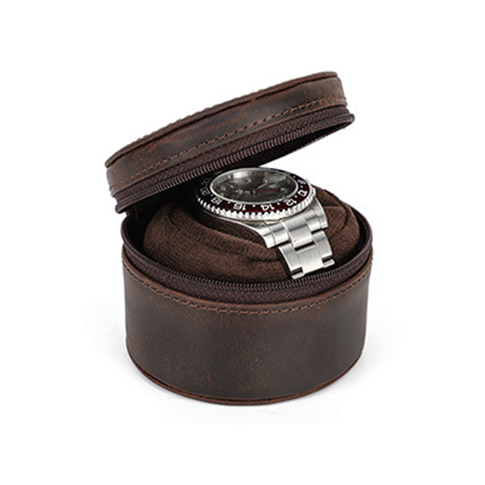 Watch Case Vintage Leather Single Round Zipper Travel Storage Box Coffee