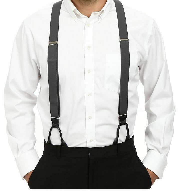 Mens 6 Button Hole Suspenders Wide Leather Braces 3.5cm Black Navy Grey Red