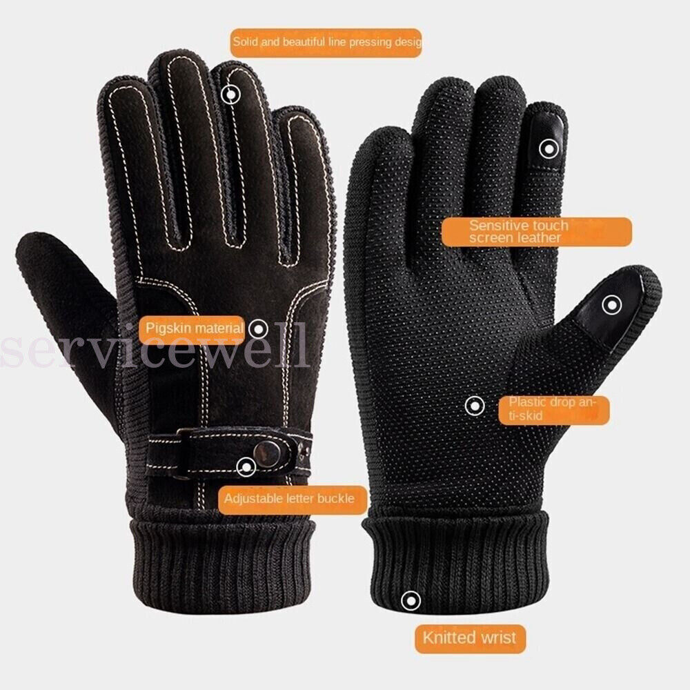 Men Winter Gloves Thermal Leather Touch Screen Warm Windproof Soft Outdoor