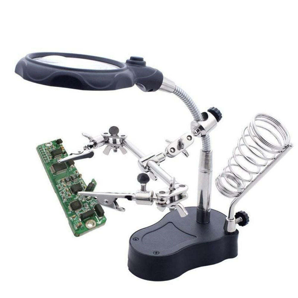 LED Helping Hand Clamp Magnifying Glass Soldering Iron Stand Len Magnifier Tool