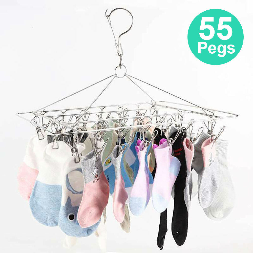 55 Pegs Stainless Steel Sock Hanger Windproof Foldable Space Saving Clothes Rack