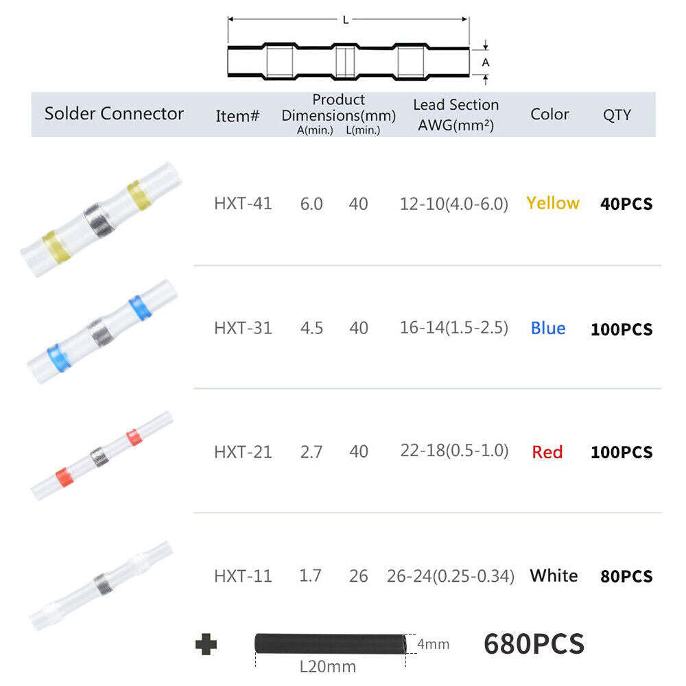 1000PCS Heat Shrink Butt Wire Connectors Electrical Solder Seal Terminals Kit