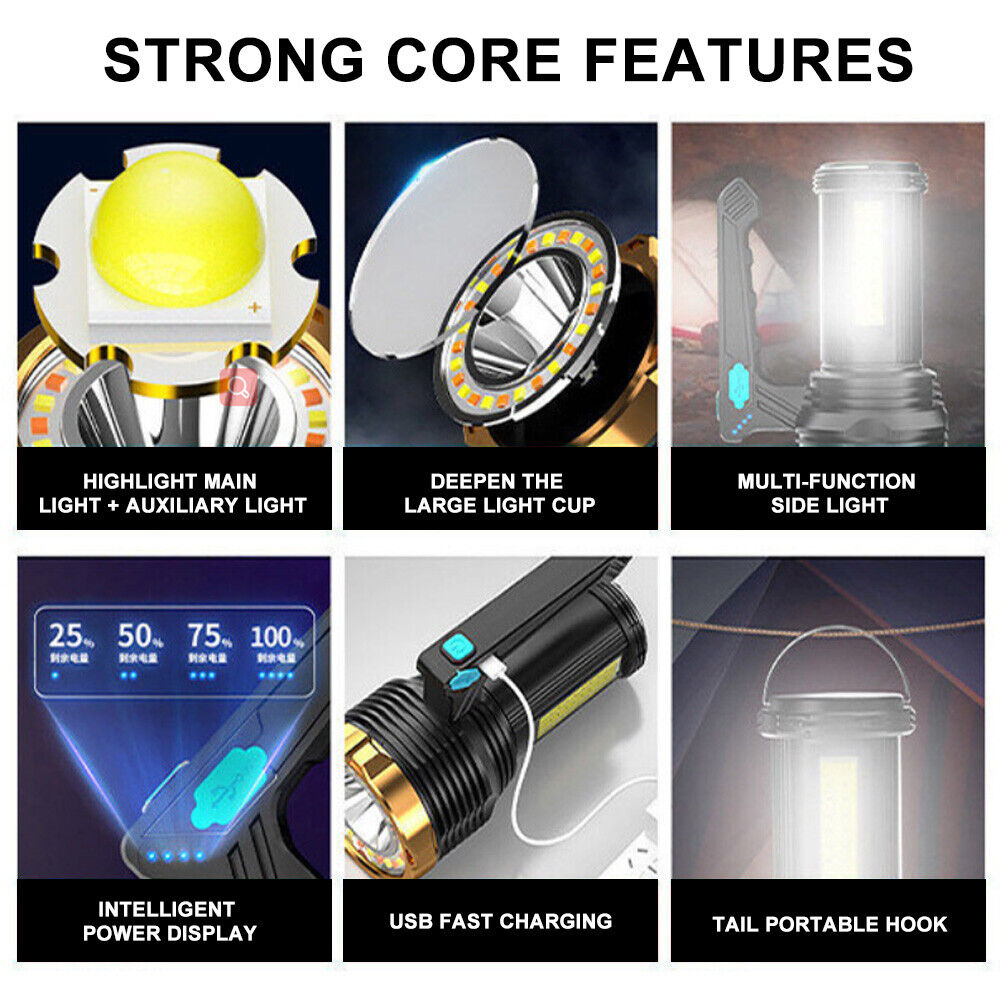 LED Flashlight Super Bright Torch Searchlight 12000LM USB Rechargeable Lamps