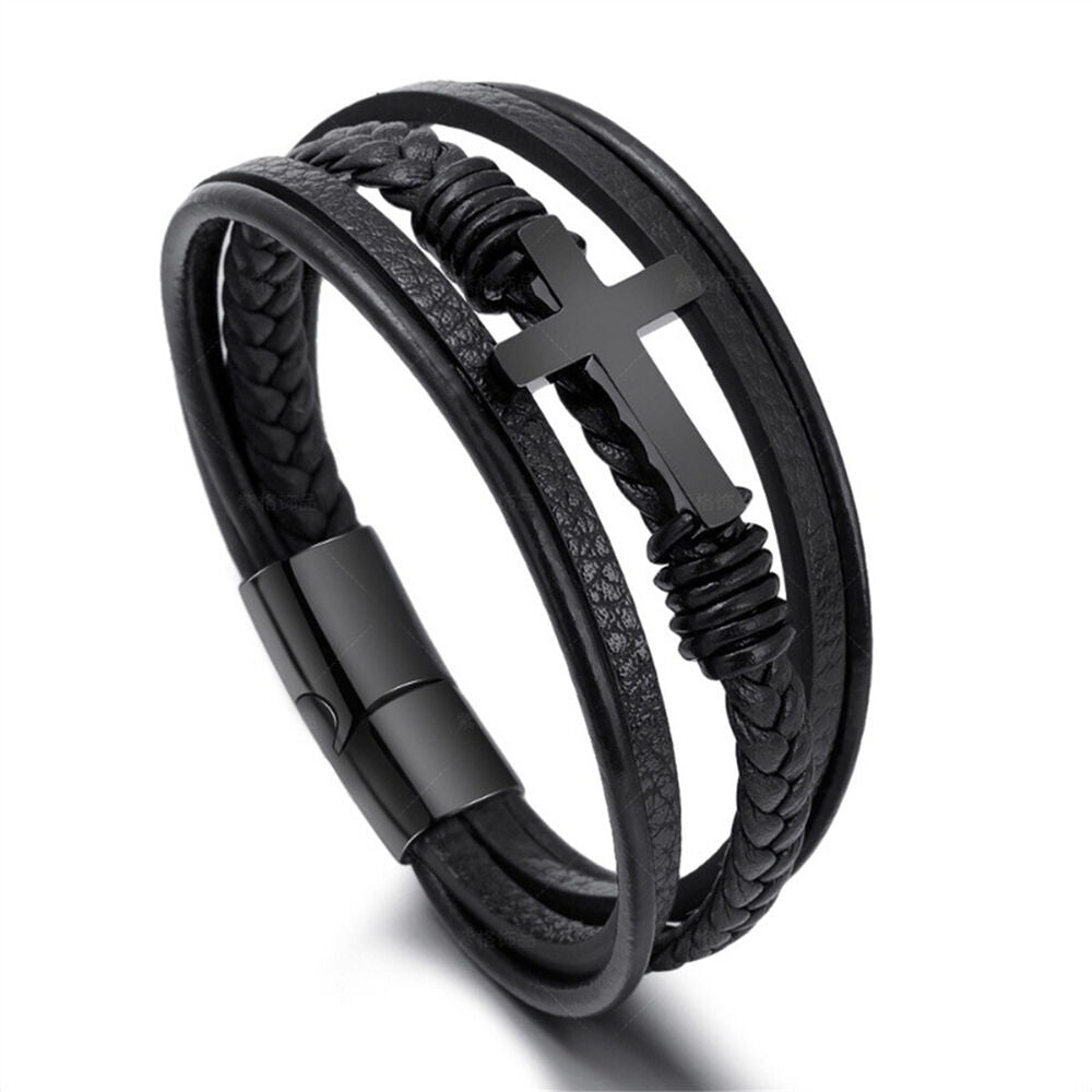 Men's Black Leather Titanium Steel Cross Multi Stripe Bracelet Bangle Wristband