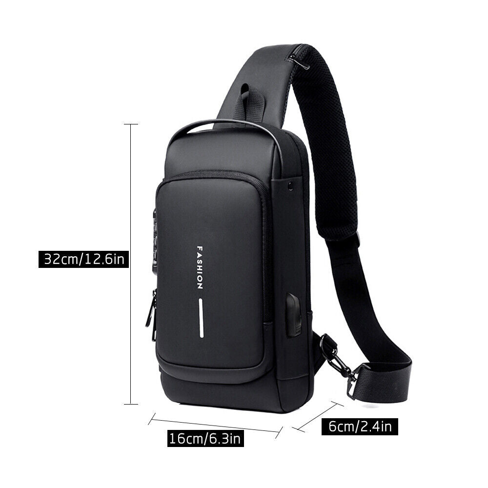 Men Sling Bag with Lock Waterproof -theft Chest Bag with USB