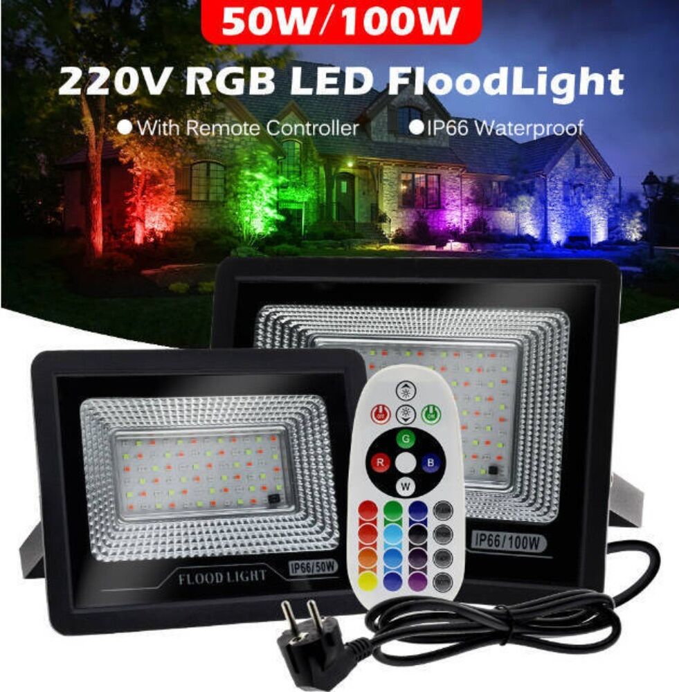 RGB LED Flood Light 50W/100W Outdoor Spotlight Remote Control IP66