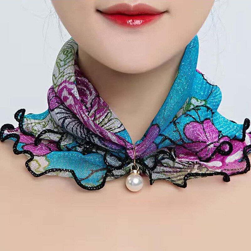 Women Lady Scarf Sun Protection Neck Bandana Fashion Pearl Chiffon Lace Headband