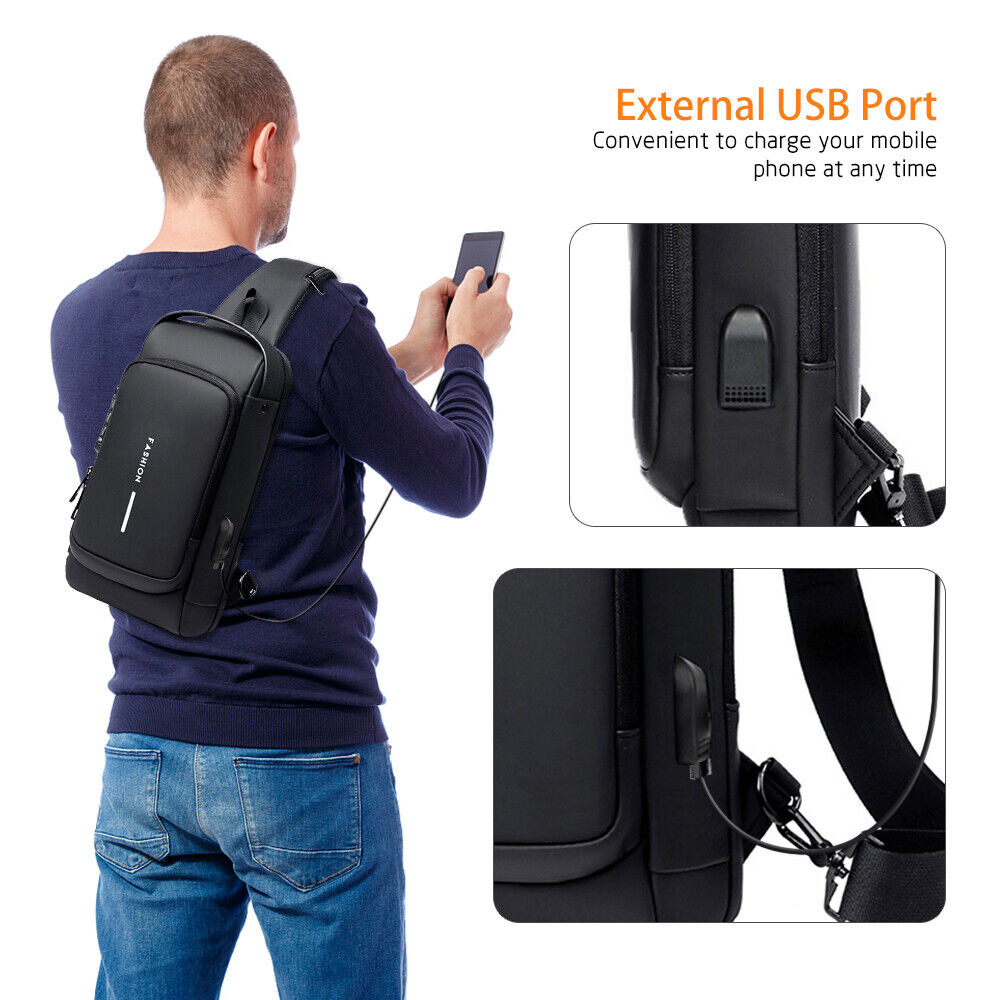 Men Sling Bag with Lock Waterproof -theft Chest Bag with USB