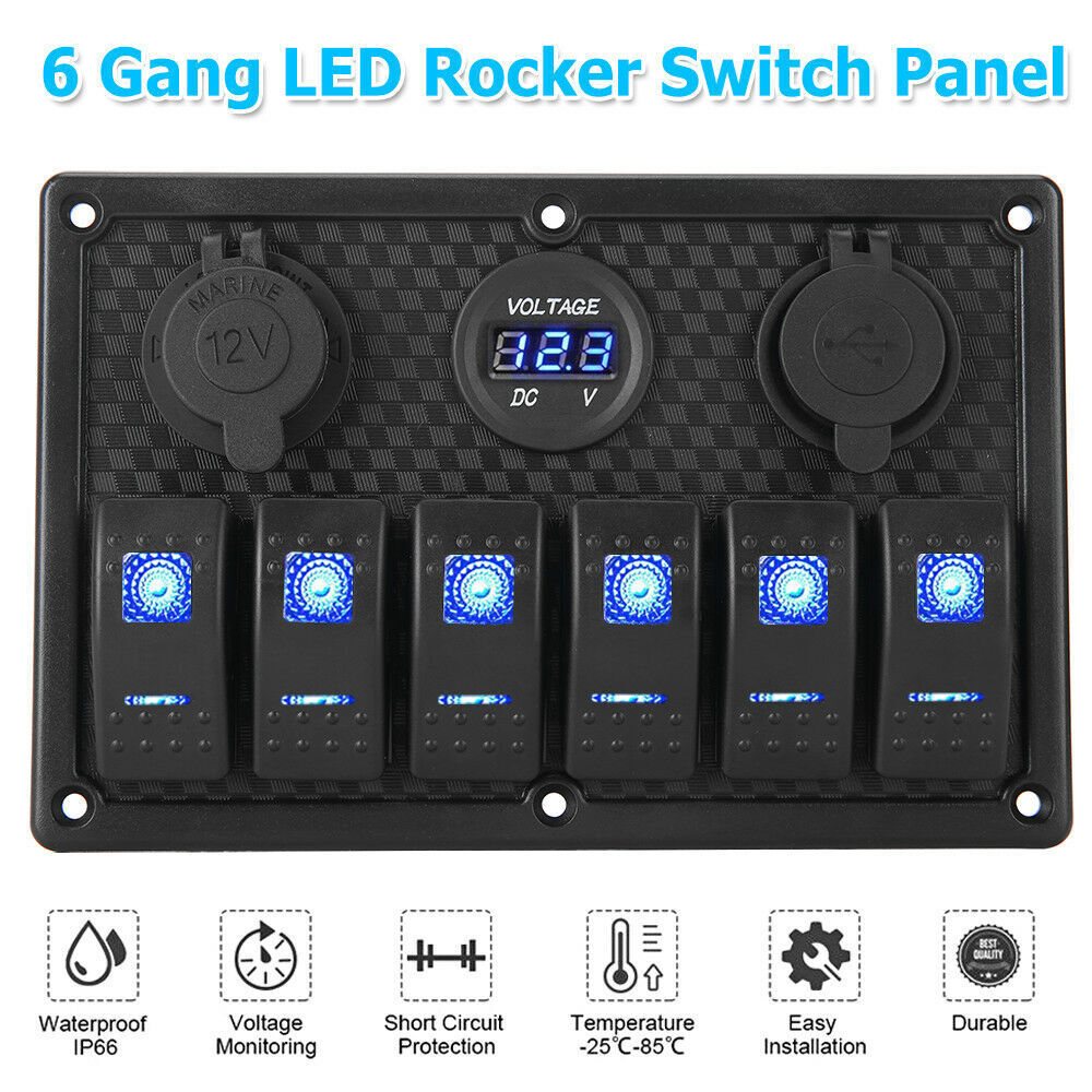 6 Gang 12V Switch Panel LED Light Rocker Circuit Breaker For Car RV Boat Marine