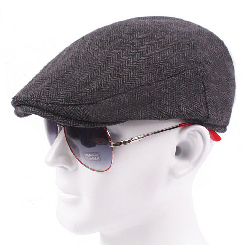 Men Vintage Tweed Newsboy Cap Herringbone Flat Cap Baker Beret Hat Peaky Blinder