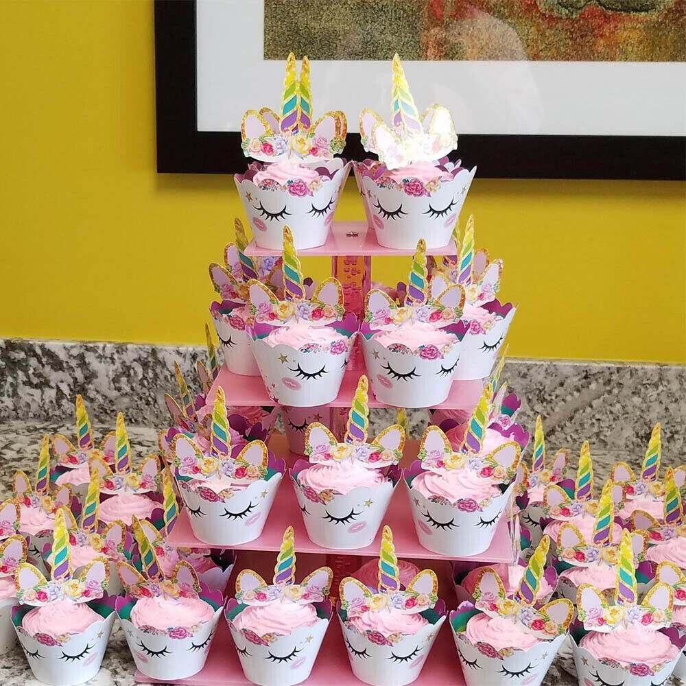 48pcs Unicorn Cupcake Toppers Wrappers Birthday Party Cake Decorations Kids