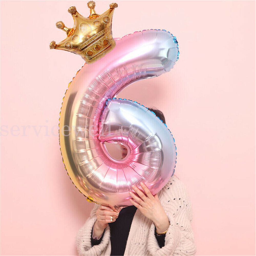 32" Rainbow Number Foil Balloon with Gold Crown Birthday Party Wedding New Year