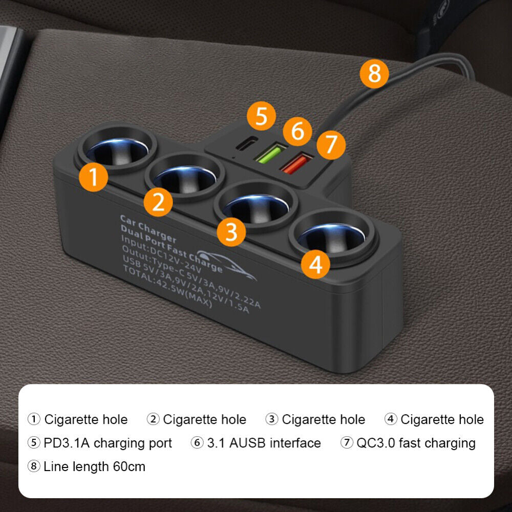 4Way 12-24V Car Cigarette Lighter Socket Splitter USB Port Charger Power Adapter