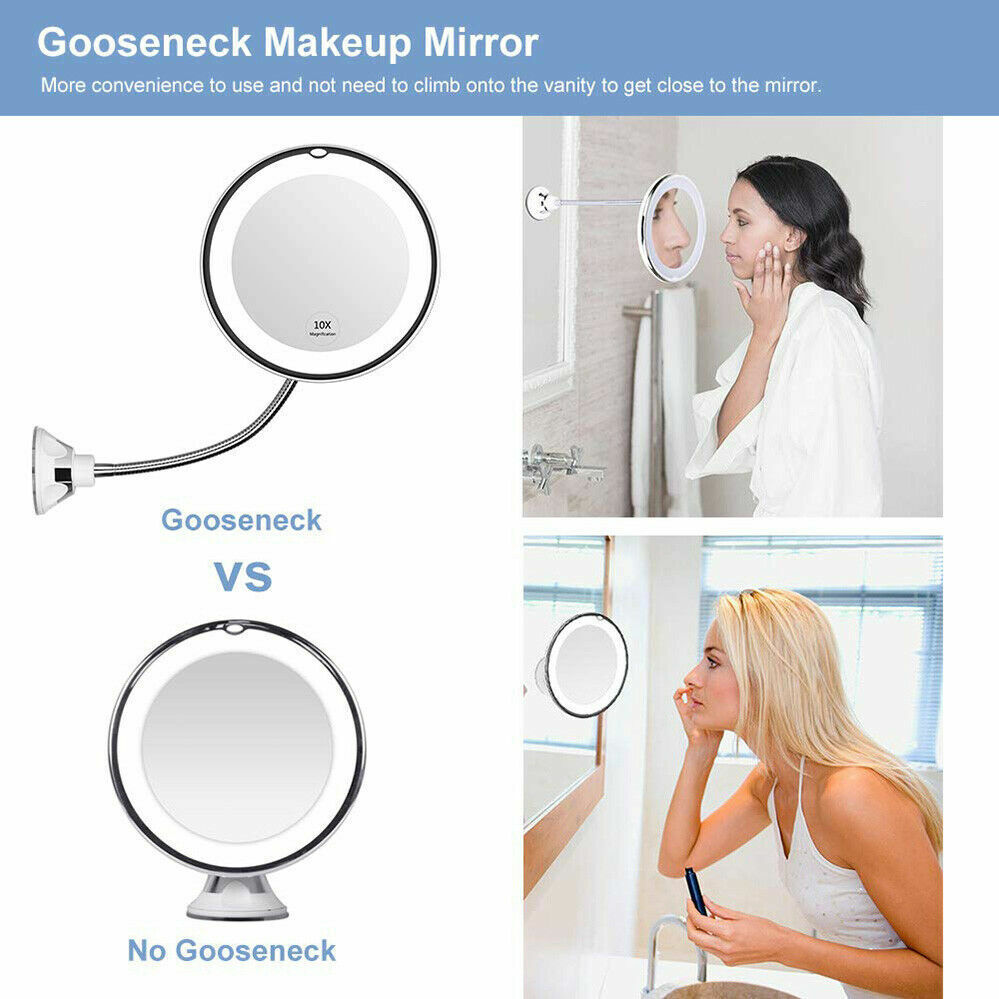 10X Magnifying Makeup Mirror With LED Light Cosmetic 360° Rotation Flexible