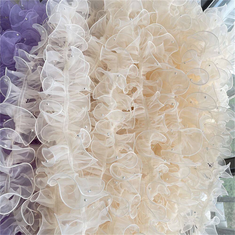 1 Yard Organza Pleats Ruffle Lace Trim Pearl Beaded Ribbon Fabric Sewing Wedding