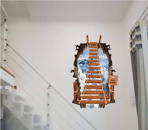 3D Wall Stickers Removable Ladder Staircase Smashed Through Mural Decor Home