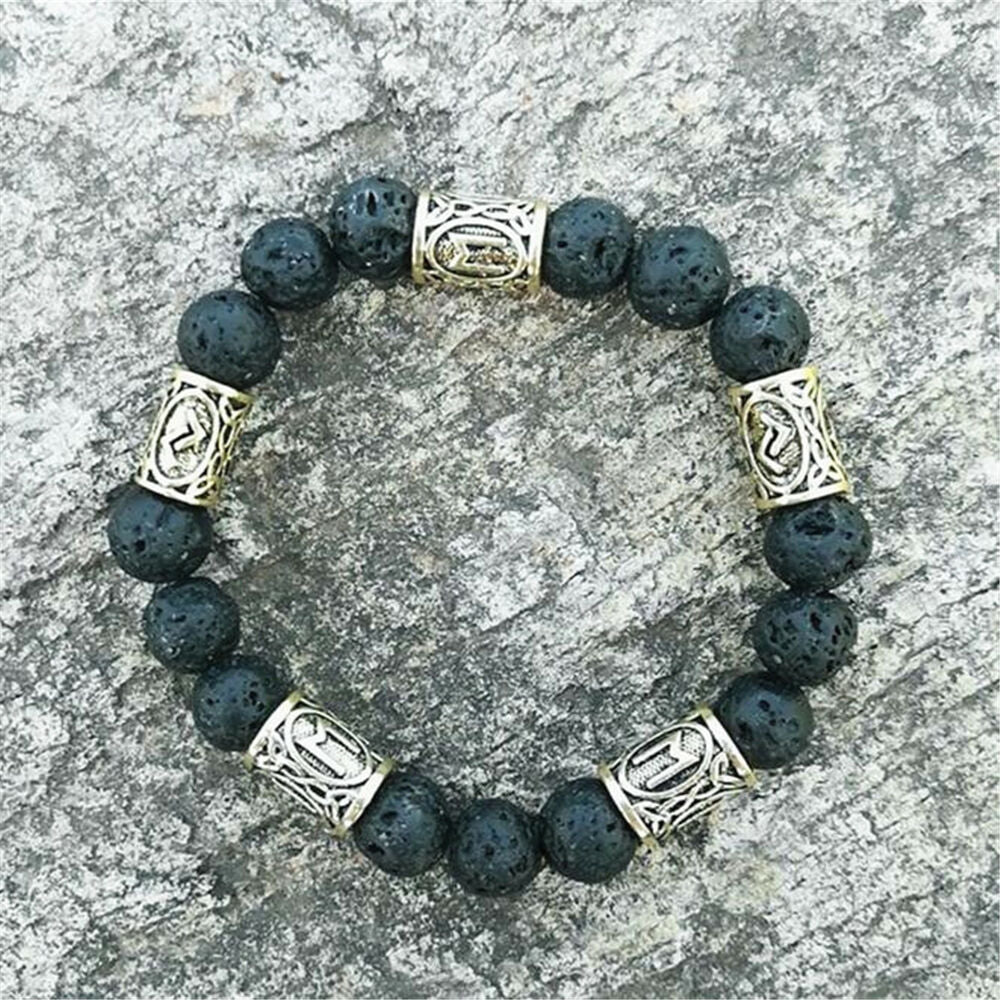 Norse Viking Rune Spacer Charm Lava Stone Beads Bracelet Men Women Cuff Jewelry