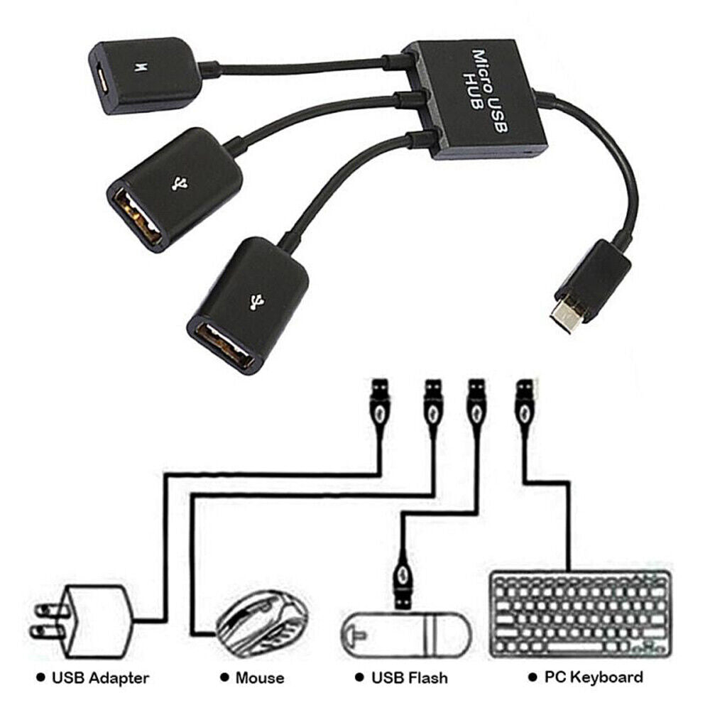 3 in 1 Male to Female Micro USB 2.0 Host Hub Cable Power Adapter Charging OTG