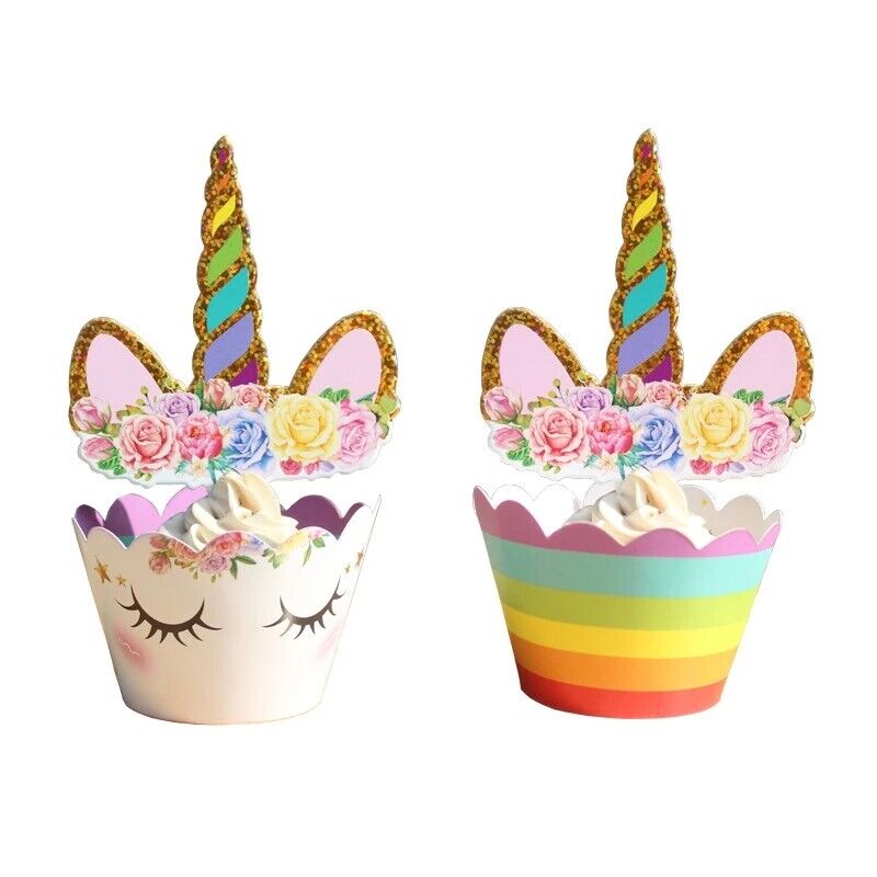 48pcs Unicorn Cupcake Toppers Wrappers Birthday Party Cake Decorations Kids