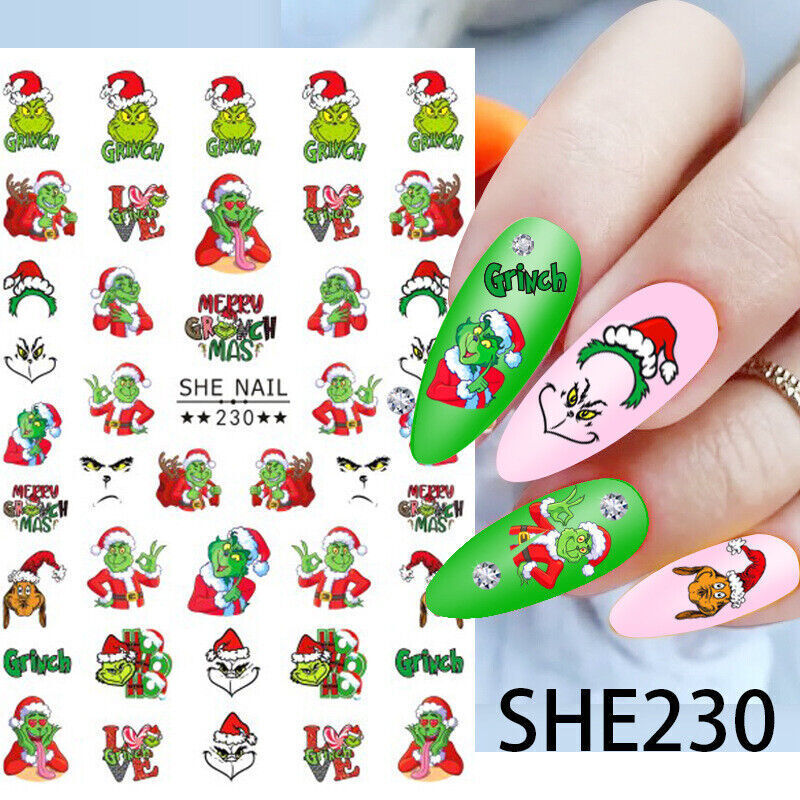 Grinch Christmas Nail Stickers ,Santa Reindeer Gingerbread Snowflake Nail Art