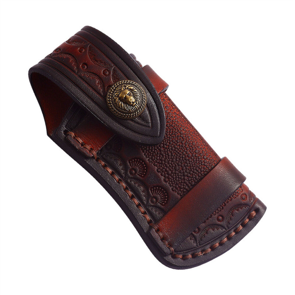 Hand Made Carved Cow Leather Sheath For Folding Knife Cover Pouch Belt Clip