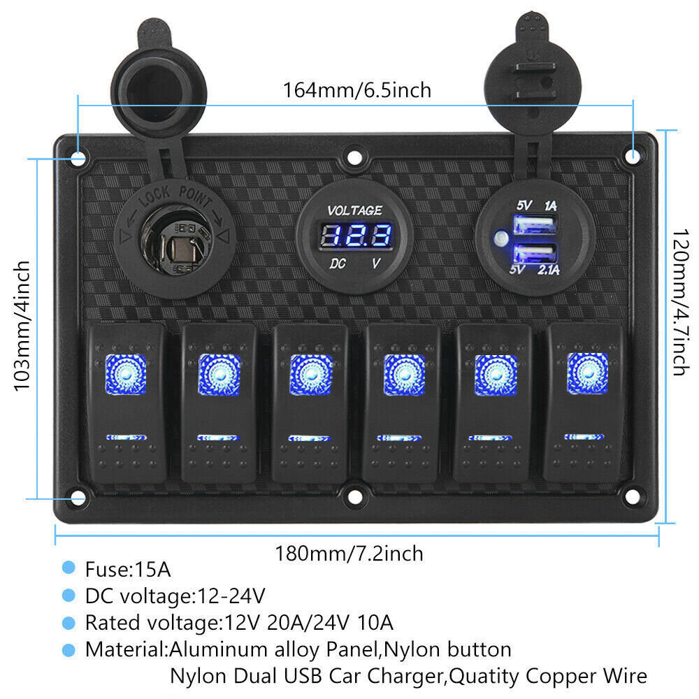 6 Gang 12V Switch Panel LED Light Rocker Circuit Breaker For Car RV Boat Marine