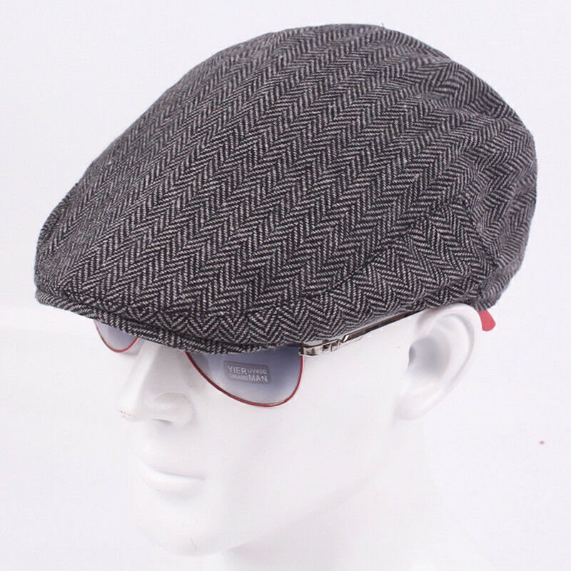 Men Vintage Tweed Newsboy Cap Herringbone Flat Cap Baker Beret Hat Peaky Blinder