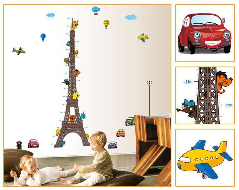 Wall Stickers Removable Eiffel Tower Car Height Kids Nursery Decal Growth Chart