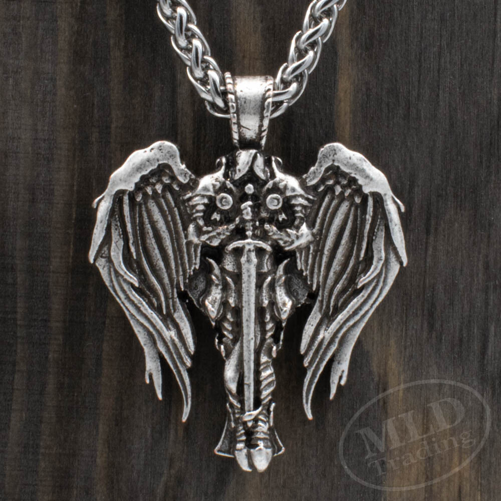 Saint St Michael Archangel Wings Cross Pendant Necklace & Stainless Steel Chain